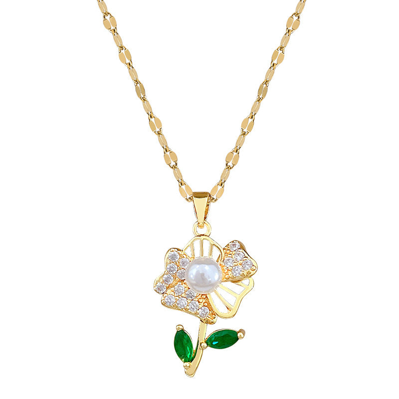 Sweet Minimalist Hollow Leaf Flower Moon Rhinestone Pendant Titanium Steel Necklace Set for Unisex