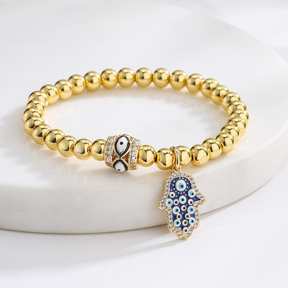 Minimalist Geometric Copper Hand of Fatima Evil Eye Charm Bracelet for Women