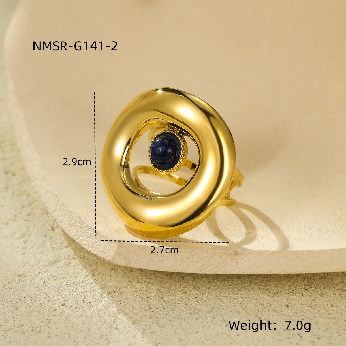 Anillo minimalista de acero de titanio geométrico con baño de oro de 18 quilates e incrustaciones de piedra natural para mujer