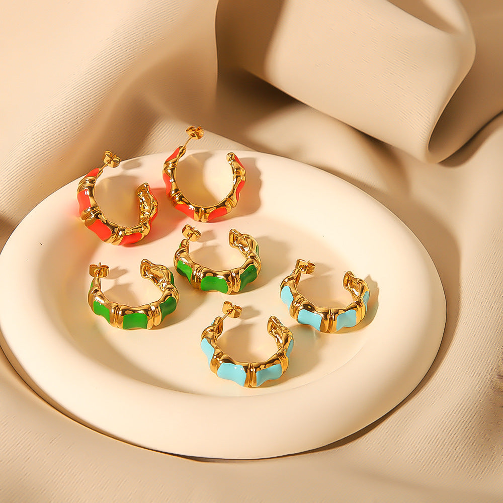 Minimalist Stainless Steel Bamboo Joint C-Shaped Earrings with Enamel Coloring and Gold Plating for Women