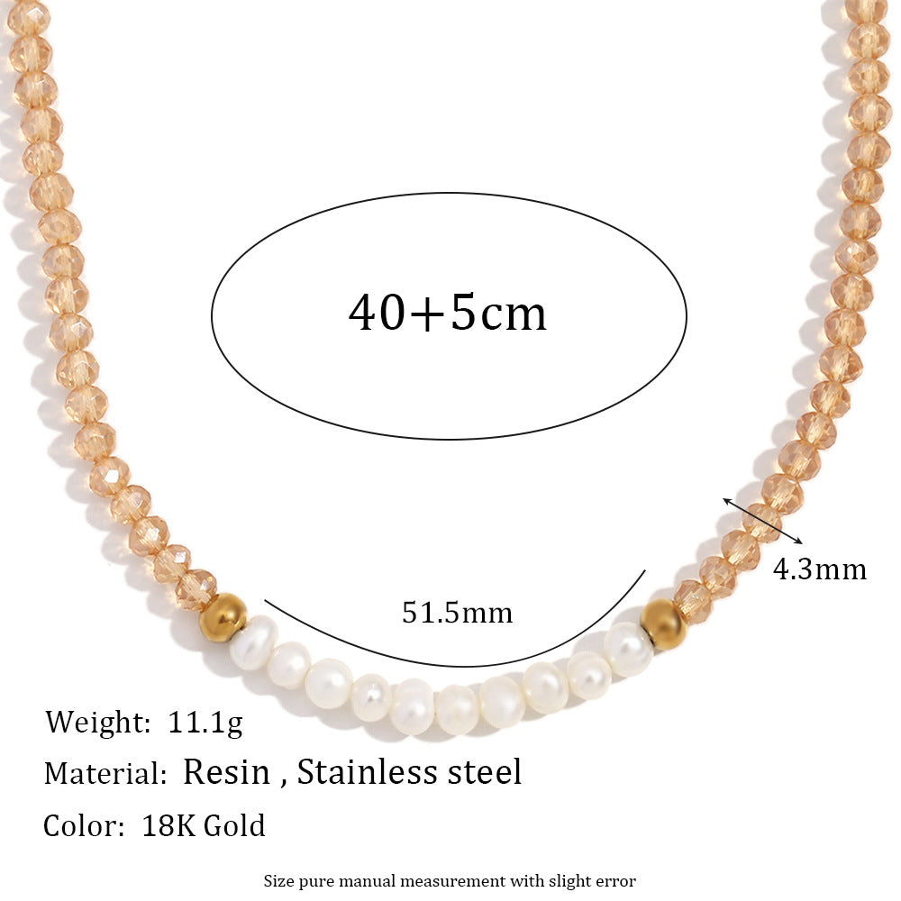 Collana Pendente Geometrica alla Moda in Acciaio Inossidabile da Donna con Pendente in Acciaio al Titanio, Finitura Placcata, Perle d'Acqua Dolce e Cristalli Taglio Leggero