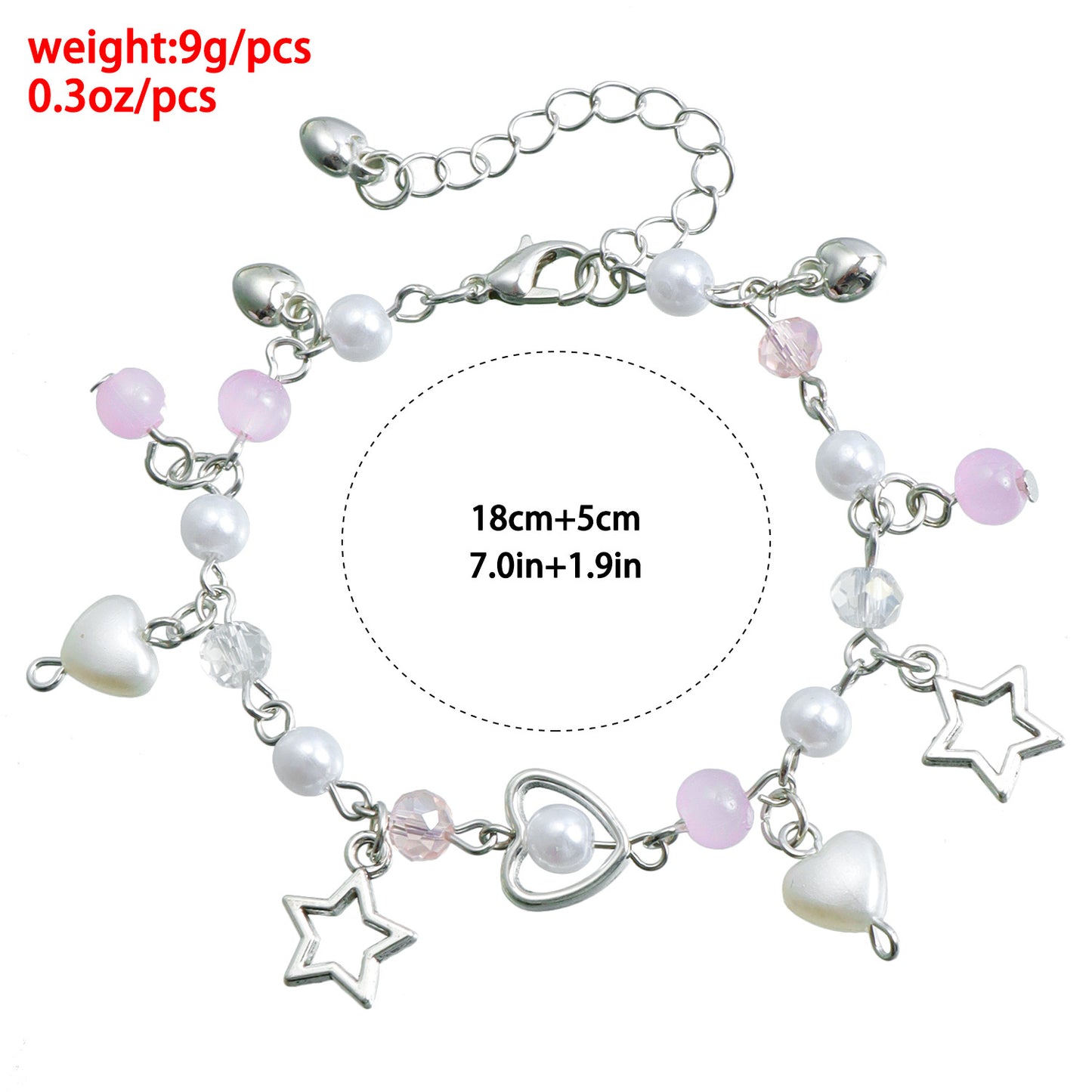 Sweet Fresh Heart and Star Shaped Tassel Bracelet with Simulated Pearl and Crystal Accents Electroplated Metal Minimalist Jewelry