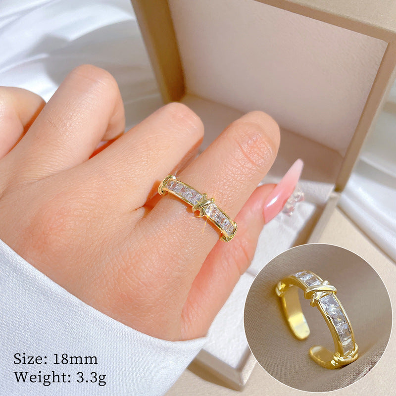 Minimalist Geometric Gold-Plated Brass Open Ring for Women with Crown Shape and Rhinestone Inlay
