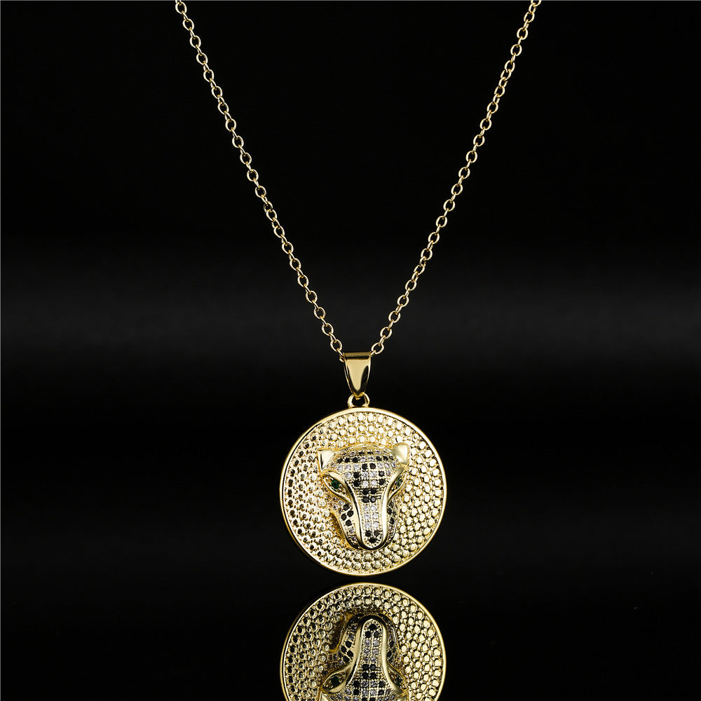 Personalized Geometric Leopard Head Micro-Inlaid Cubic Zirconia Brass Pendant Necklace with Cable Chain