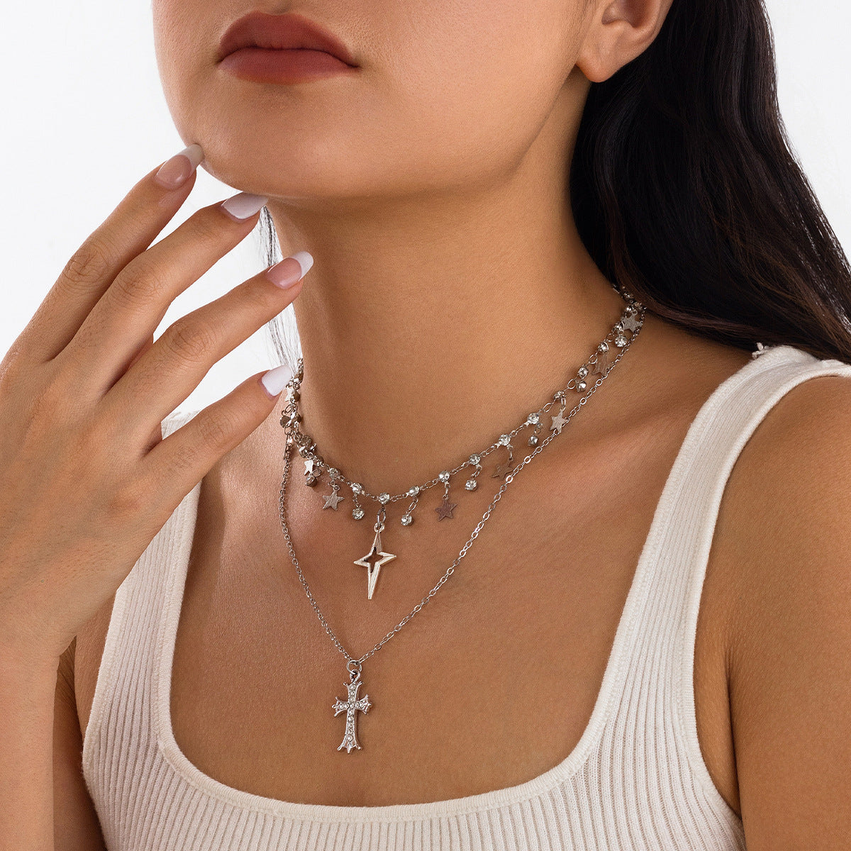Punk Rhinestone Inlaid Cross Pendant Zinc Alloy Plated Multi-Layer Necklace for Women