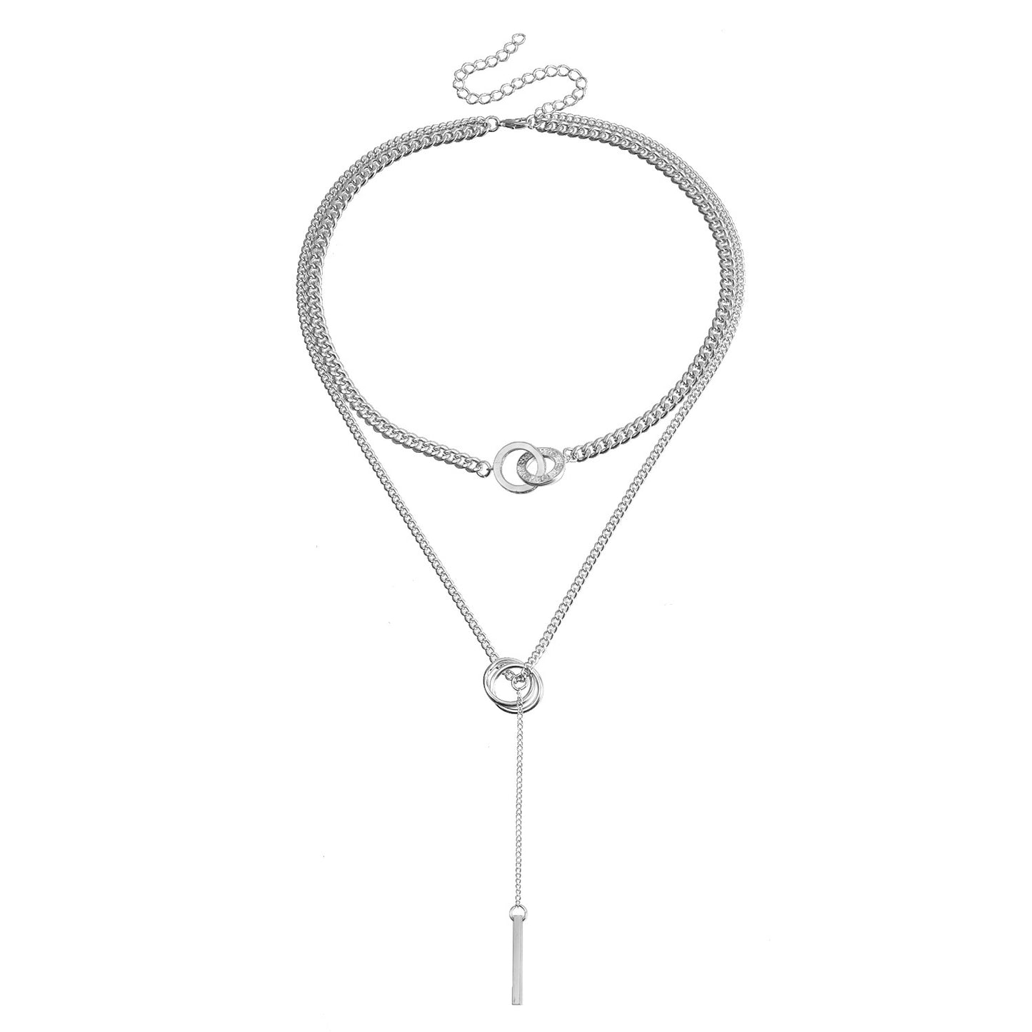 Fashionable Geometric Pendant Necklace for Women with Double Circle Locket Design, Tassel Drop, Electroplated Alloy Chain, Sweater Chain Style