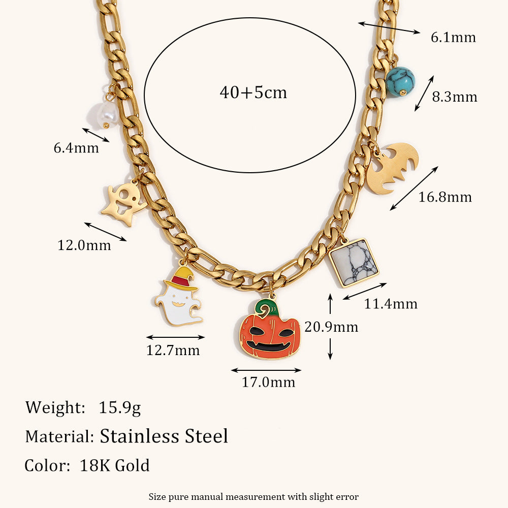 Fashionable Halloween Pumpkin Pendant Necklace for Women Stainless Steel with 18K Gold Plating Cartoon Character Design