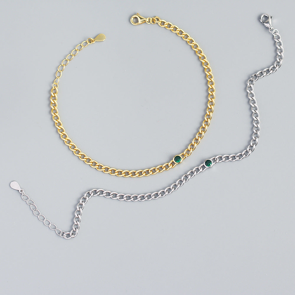 Luxury French-Inspired Geometric S925 Sterling Silver Handcrafted Tank Chain Bracelet with Rhinestone Inlay