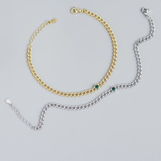 Luxury French-Inspired Geometric S925 Sterling Silver Handcrafted Tank Chain Bracelet with Rhinestone Inlay