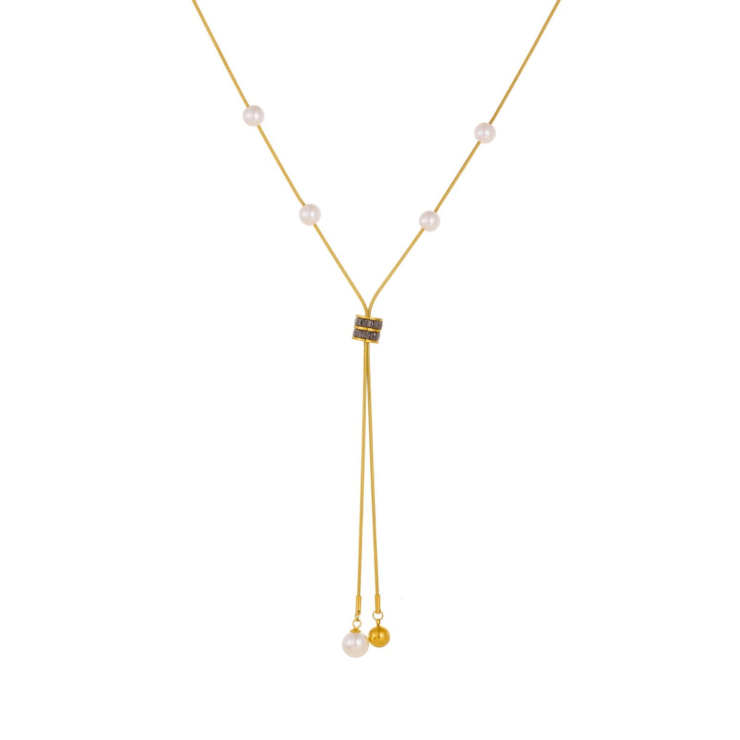 Gold Plated Stainless Steel Round Rhinestone and Imitation Pearl Pendant Snake Chain Necklace for Women