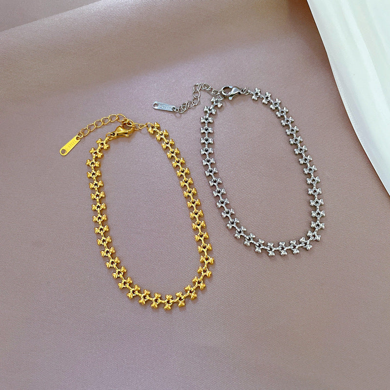 Pulsera de Cadena de Caja de Acero Inoxidable Vintage con Dijes de Corazón y Hueso de Perro, Bañada en Oro