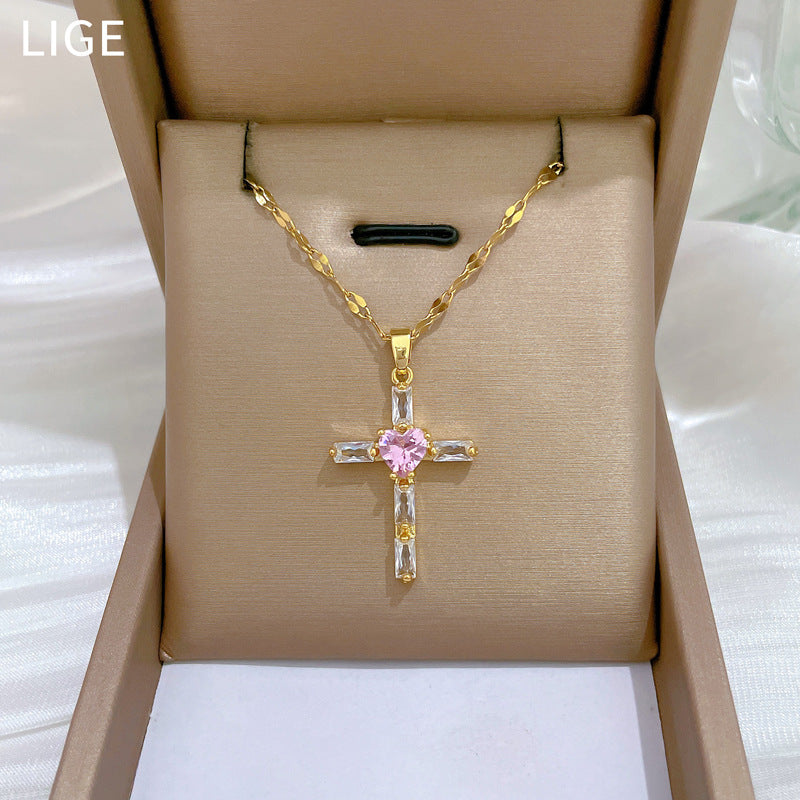 Collana di lusso rosa con croce in strass, girocollo in acciaio inossidabile e titanio, ciondolo a luna geometrico