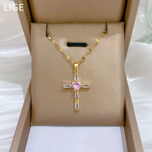 Luxury Pink Cross Rhinestone Collar Necklace Titanium Steel Stainless Steel Geometric Moon Pendant