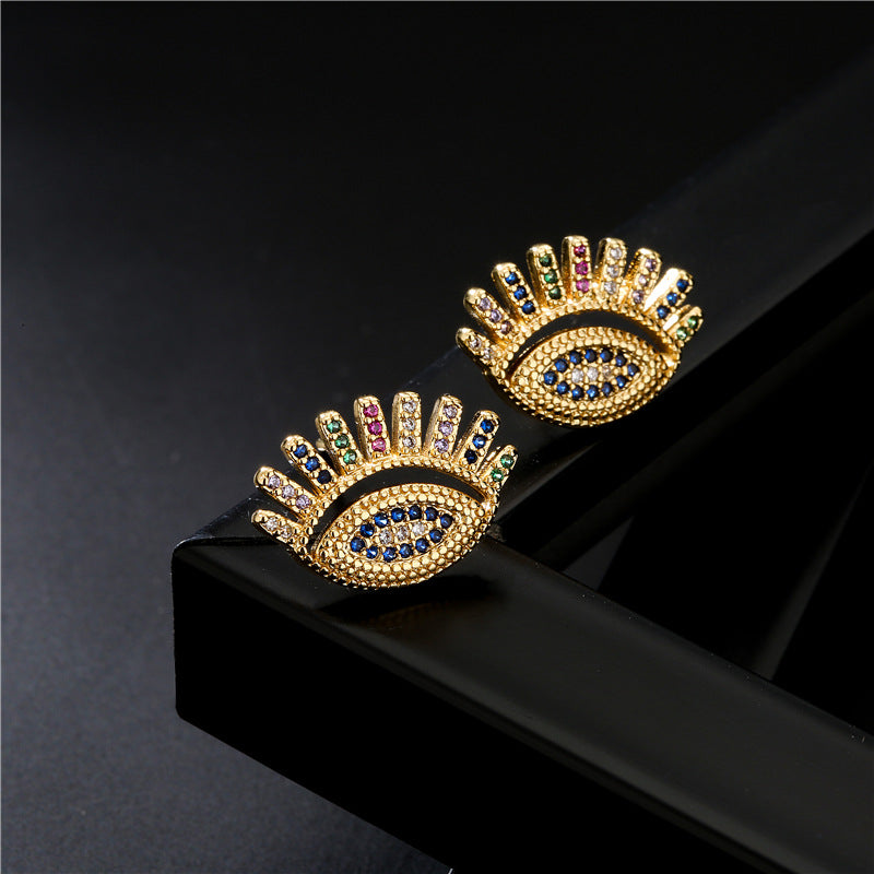 Geometric Eye Stud Earrings Brass Gold Plated Micro-set Cubic Zirconia