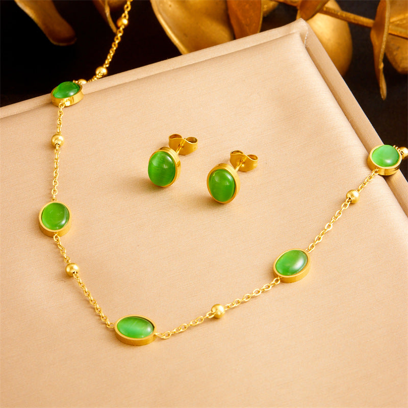 Vintage Elegant Oval Geometric Plated Stainless Steel Necklace Earring Bracelet Set for Women