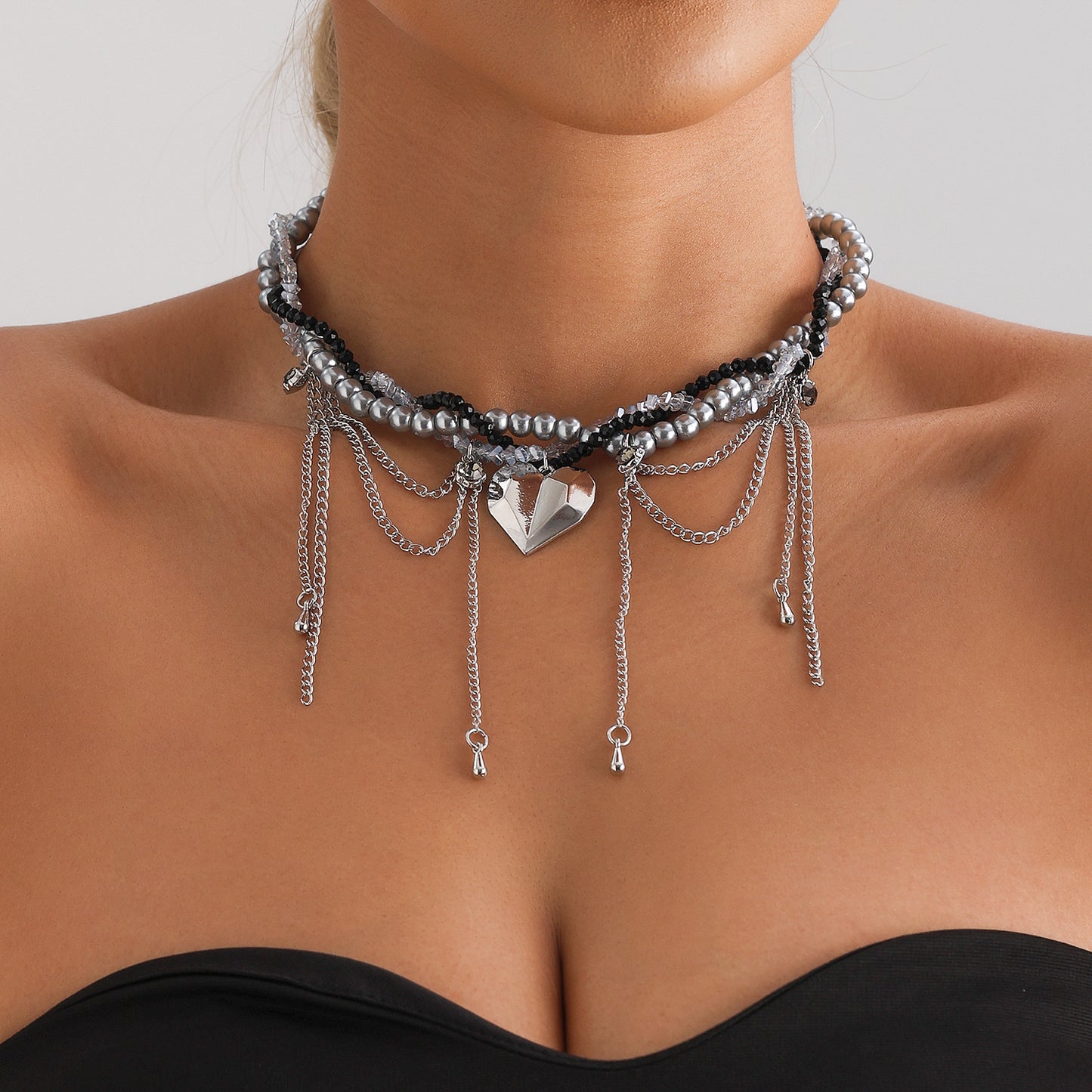 Fashionable Heart-Shaped Alloy Pendant Necklace with Dripping Fringe and Multi-Layer Glass Beads for Women