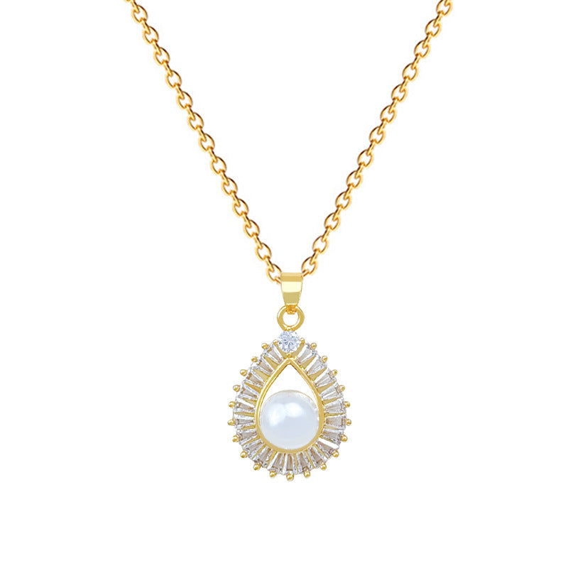 Sweet Luxury Teardrop Moon Rhinestone Pearl Brass Pendant Titanium Steel Necklace for Unisex