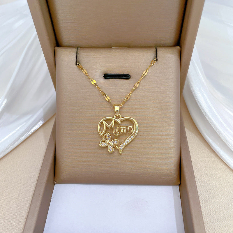 Minimalist Heart and Butterfly Pendant Necklace in Titanium Steel with Rhinestone Inlay for Women and Unisex Wear