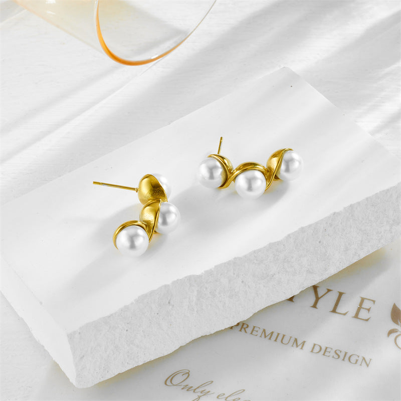 Minimalist Geometric Pearl Earrings in Stainless Steel with Plated Finish for Women