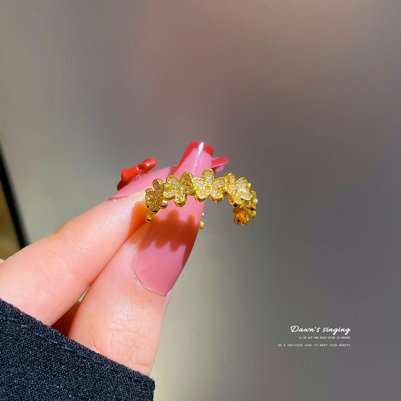Minimalist Adjustable Open Ring for Women with Crown Shape in Brass with Zircon Inlay