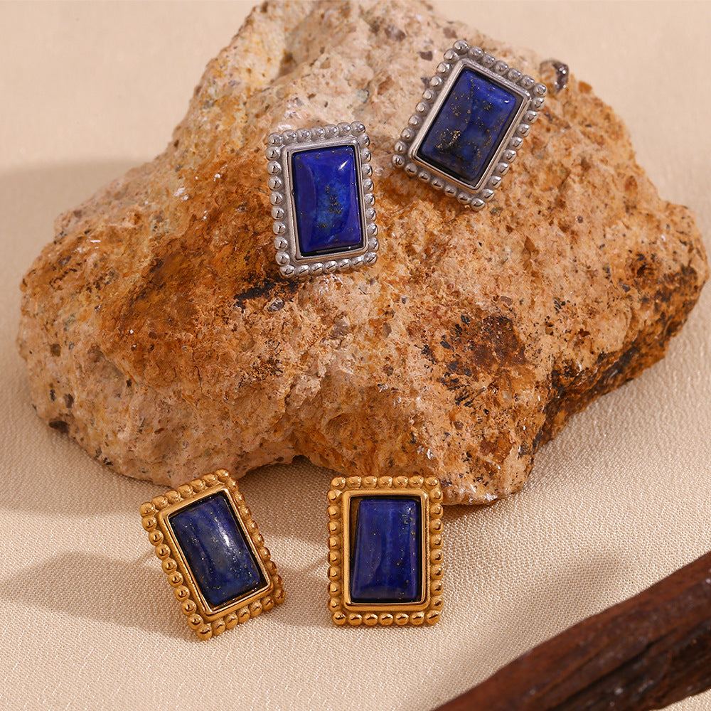 Vintage-Inspired Geometric Stainless Steel Earrings with 18K Gold Plating and Natural Lapis Lazuli Accents