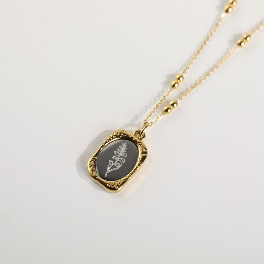 Vintage French Rose Flower Pendant Necklace 18K Gold Plated Titanium Steel Double Layer Beaded Chain