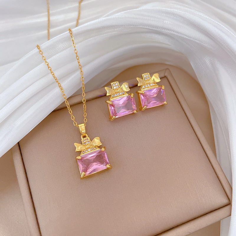 Elegant Titanium Steel Butterfly Perfume Bottle Necklace and Earrings Set with Rhinestone Inlay for Women Formal Events