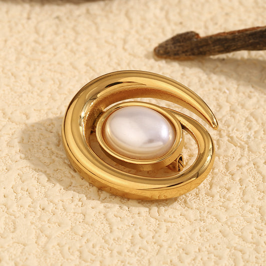 Broche minimalista geométrico de acero inoxidable chapado en oro de 18 quilates con perlas y conchas marinas para mujer
