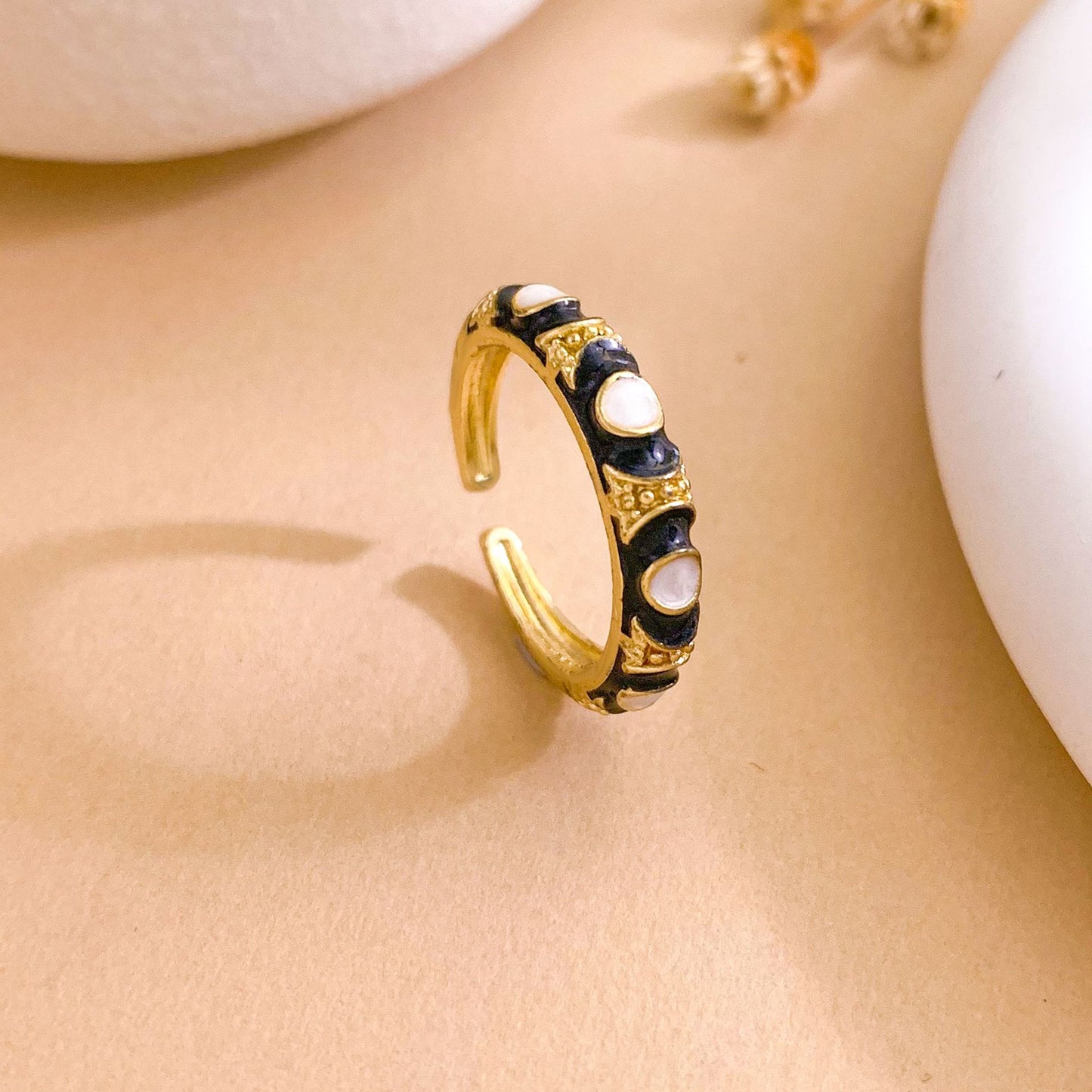 Sweet Minimalist Round Brass Ring with Enamel Evil Eye and Cubic Zirconia Inlay, Gold Plated Adjustable Band for Women