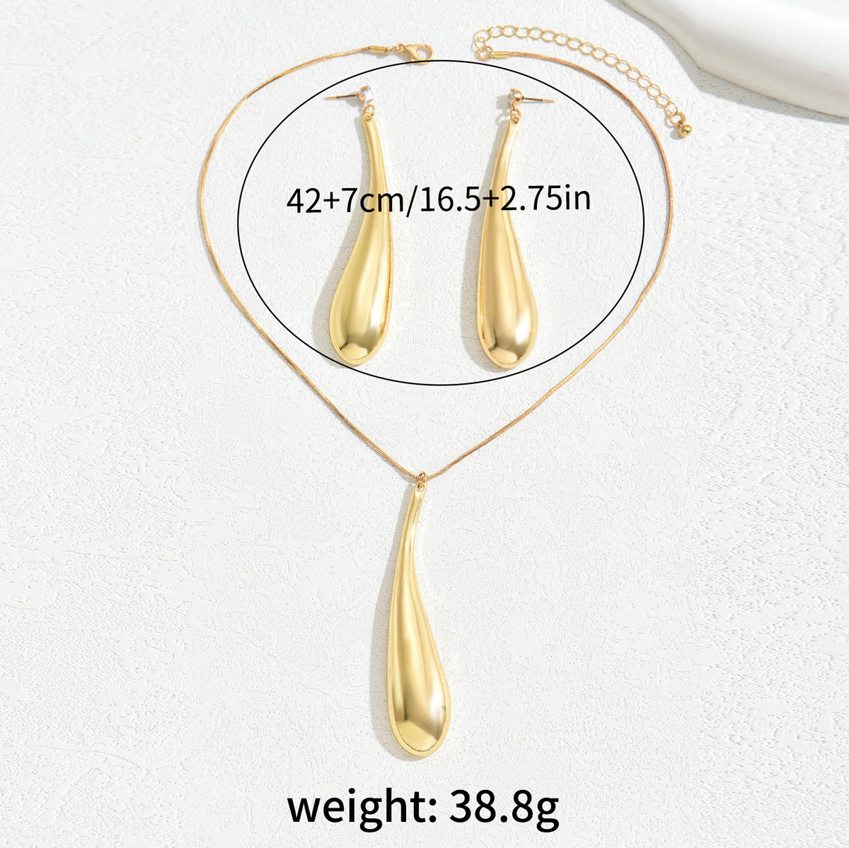 Set collana e orecchini in lega a goccia in stile americano, minimalista, con finitura placcata, design geometrico ovale e lineare da donna