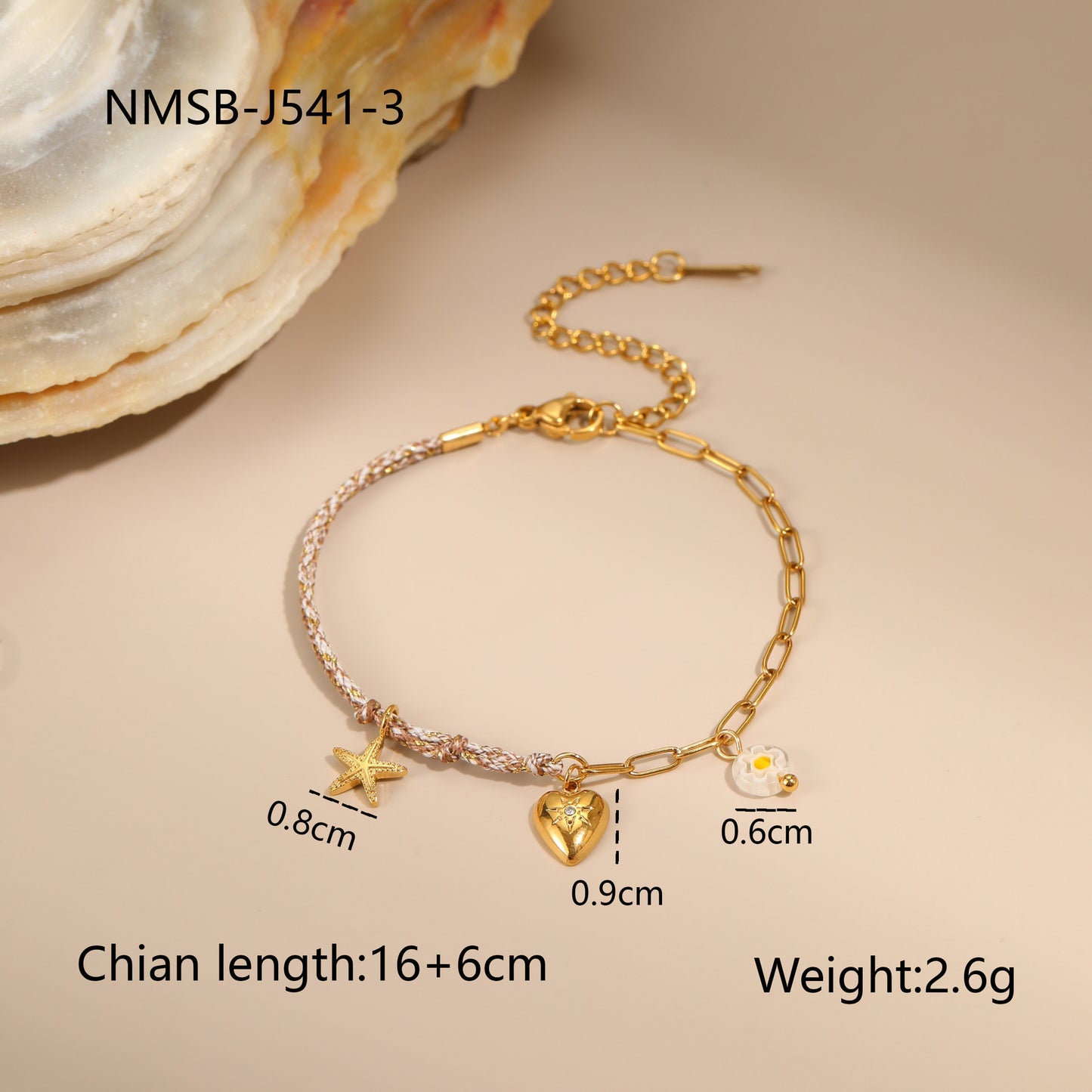 Bracciale alla moda in corda intrecciata ispirato alle vacanze con ciondolo a cuore e stella in acciaio inossidabile da donna