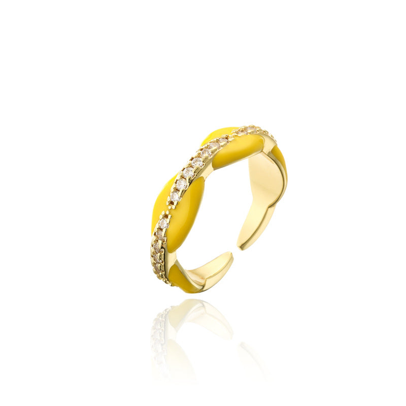 Elegant 18K Gold Plated Geometric Brass Ring with Colorful Drip Oil and Micro-inlaid Cubic Zirconia