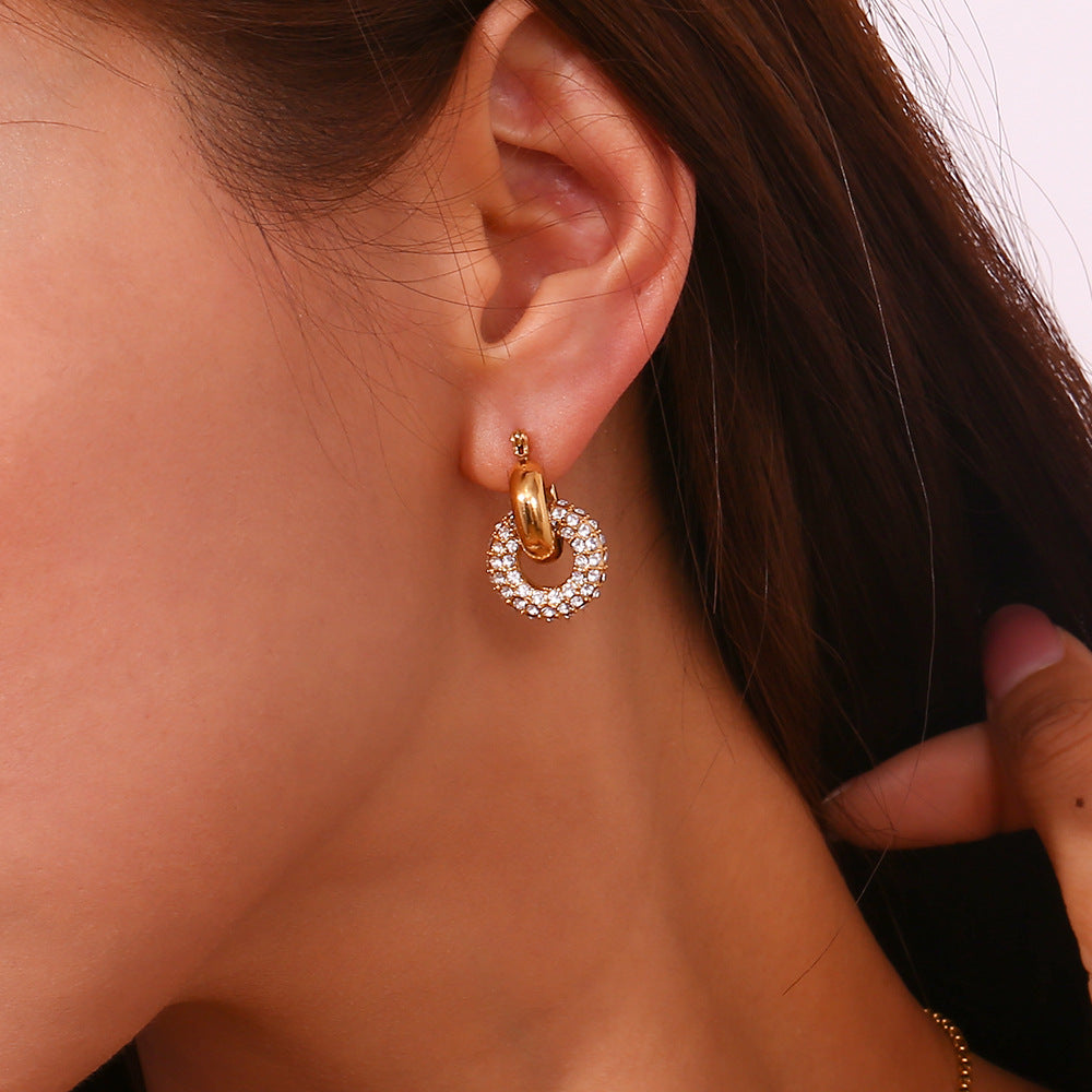 Fashionable Minimalist Geometric Stainless Steel Plated 18K Gold Micro-Paved Hoop Earrings for Women