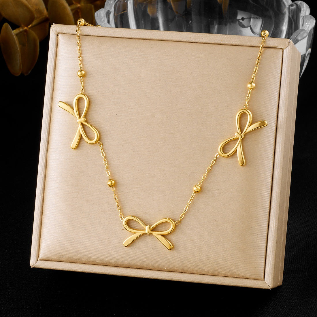 Gold Plated Hollow Bow Knot Stainless Steel Ball Chain Necklace for Women