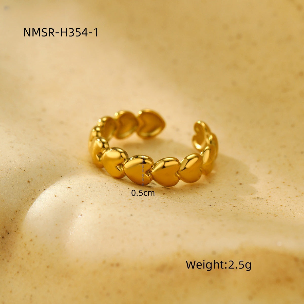 Anillo de acero inoxidable con forma de corazón, ajustable y a la moda para mujer con acabado chapado