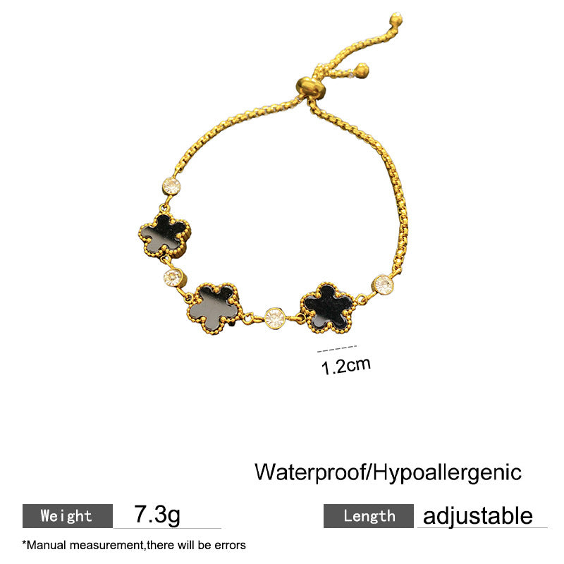 Sweet Minimalist Black Floral Cubic Zirconia Plated Titanium Steel Bracelet for Women