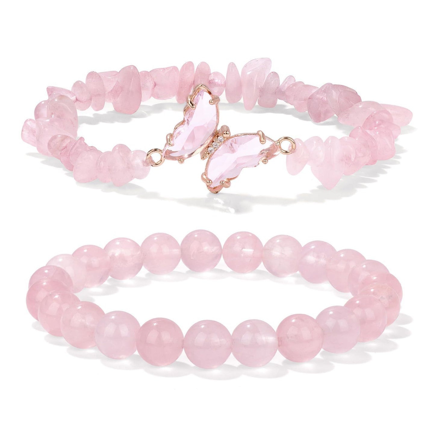 Minimalist Natural Amethyst and White Cat's Eye Crystal Chip Beaded Bracelet with Butterfly Charm for Women