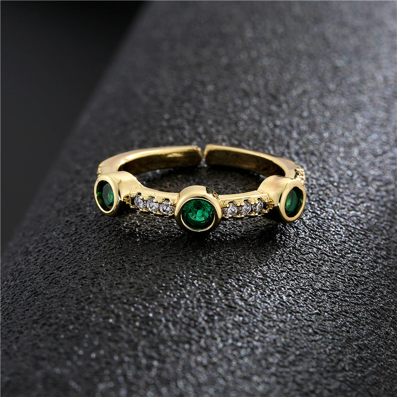 Vintage Geometric Brass Gold Plated Micro-Inlaid Cubic Zirconia Ring for Women