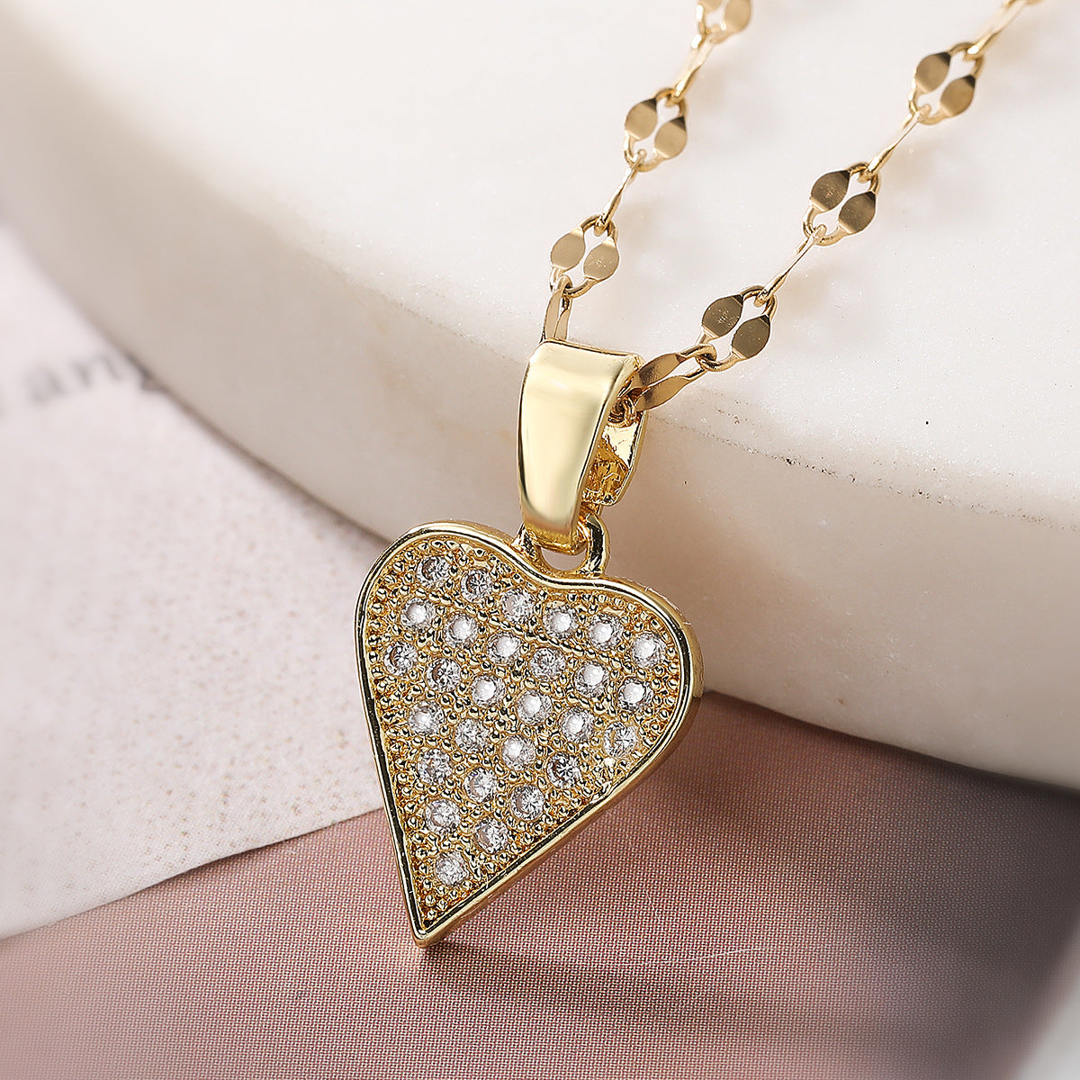 Minimalist 18K Gold Plated Brass Heart Pendant Necklace with Cubic Zirconia for Women