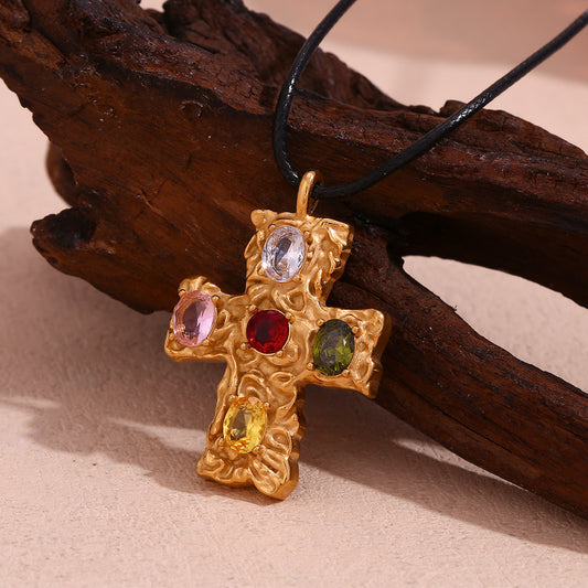 Vintage-Inspired Geometric Cross Pendant Necklace in Titanium Steel with 18K Gold Plating and Hammered Multicolor Texture on Black Cord
