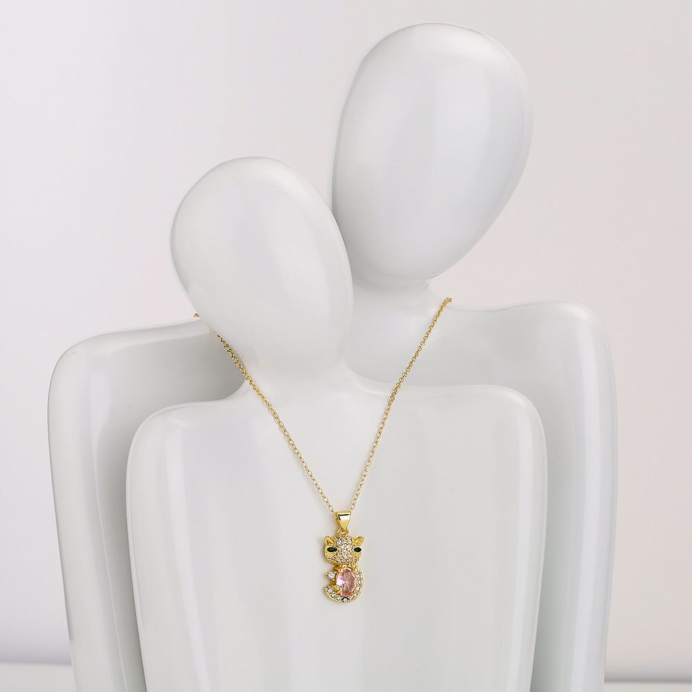 Sweet Cute Cat Pendant Necklace for Women in Copper with 18K Gold Plating and Zircon Inlay, Geometric Design Clavicle Chain