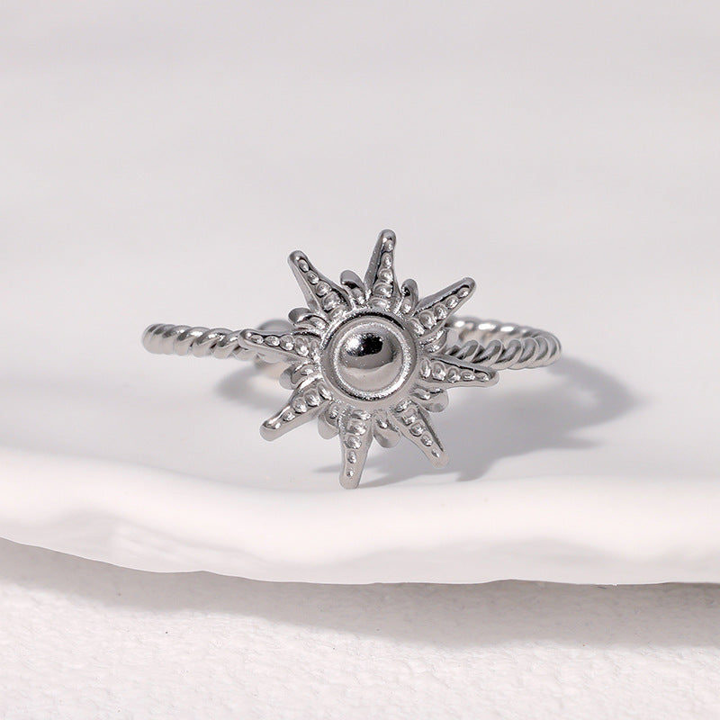 Fashionable Sun-Shaped Open-Ended Stainless Steel Ring for Women with Plated Finish