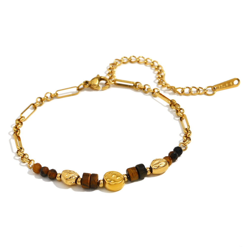 Bracciale da donna in acciaio inossidabile placcato oro 18 carati con geometria retrò minimalista, fatto a mano con pietra naturale