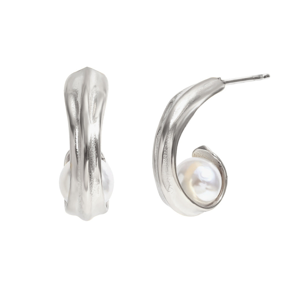 Elegant French-Style Stainless Steel Earrings with 18K Gold Plating, Rolled Edge Design, Faux Pearl Floral Motif, Geometric Shape