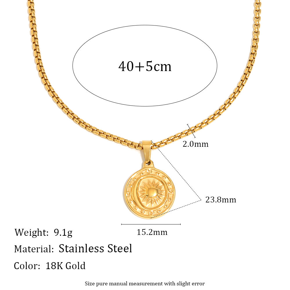 Collana da donna vintage con ciondolo a sole geometrico placcato oro 18 carati in acciaio inossidabile con catena a perle quadrate
