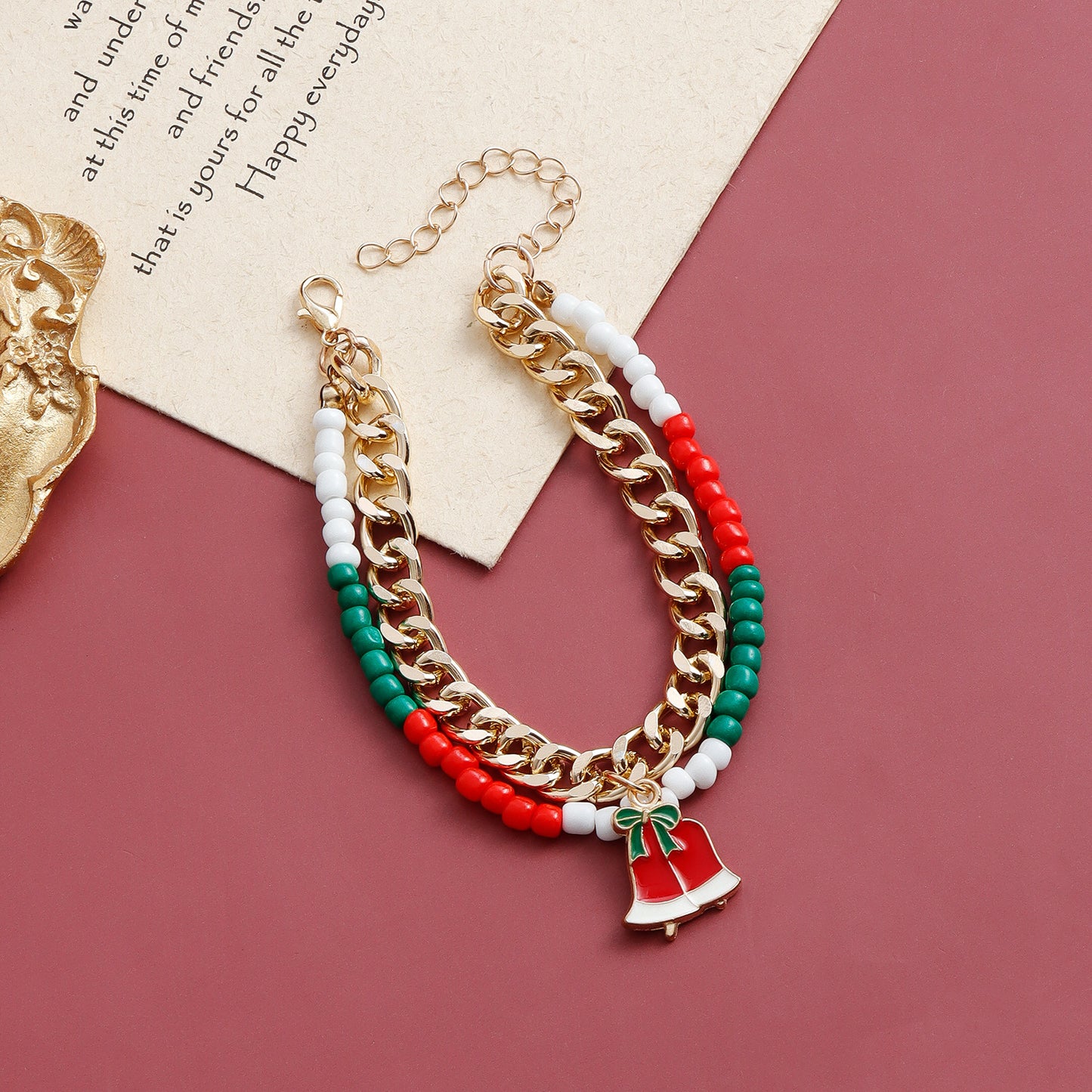 Minimalist Geometric Two-Tier Bracelet for Women with Alloy Base and Plated Finish Featuring Christmas Hat Motif and Color-Block Miyu Beads
