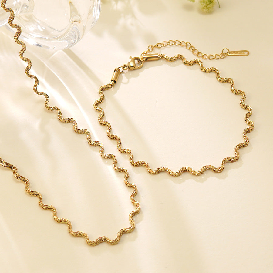 Minimalist Luxury Geometric Wavy Line Stainless Steel Plated Necklace and Bracelet Set for Women
