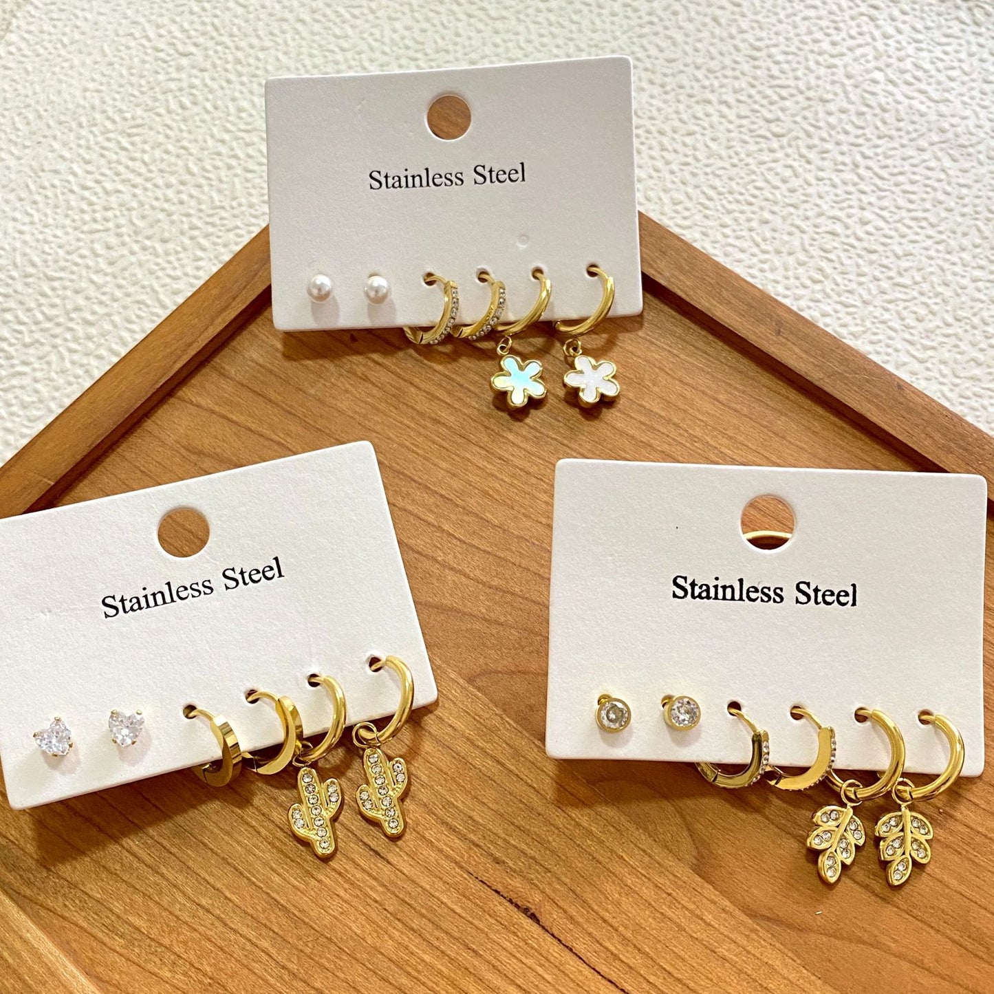 Elegant Stainless Steel Cross Cactus Leaf Rhinestone Stud Earrings for Women