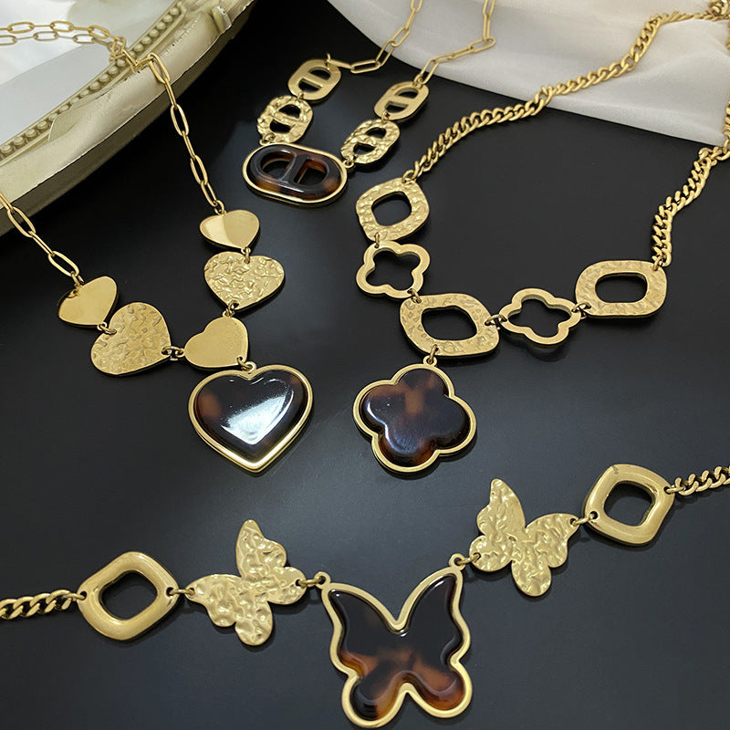Leopard Print Heart Titanium Steel Plated Necklace