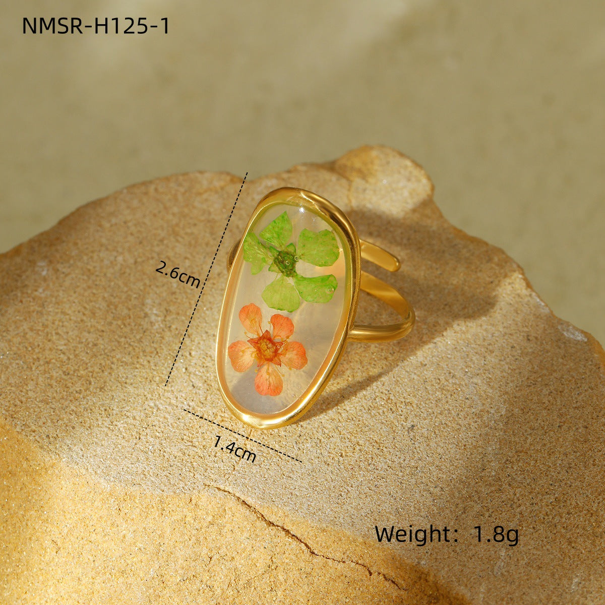 Light Luxury Floral-Shaped Stainless Steel Ring for Women with Epoxy Resin Preserved Flowers and Plated Finish